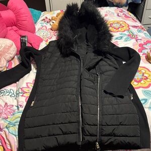 Calvin Klein Black Faux-Fur Trim Quilted Women's Coat- large